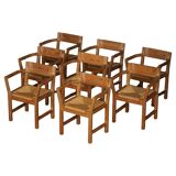 Set of 8 Danish dining chairs in pine and woven paper cord, Tage Poulsen, 1970s.