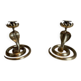Pair of Chiselled Bronze Candle Holders with Cobras, Art Deco, French Work,