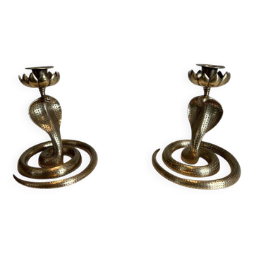 Pair of Chiselled Bronze Candle Holders with Cobras, Art Deco, French Work,