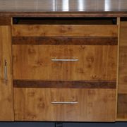 Walnut Burr buffet with drawers and wheels, part of a set.