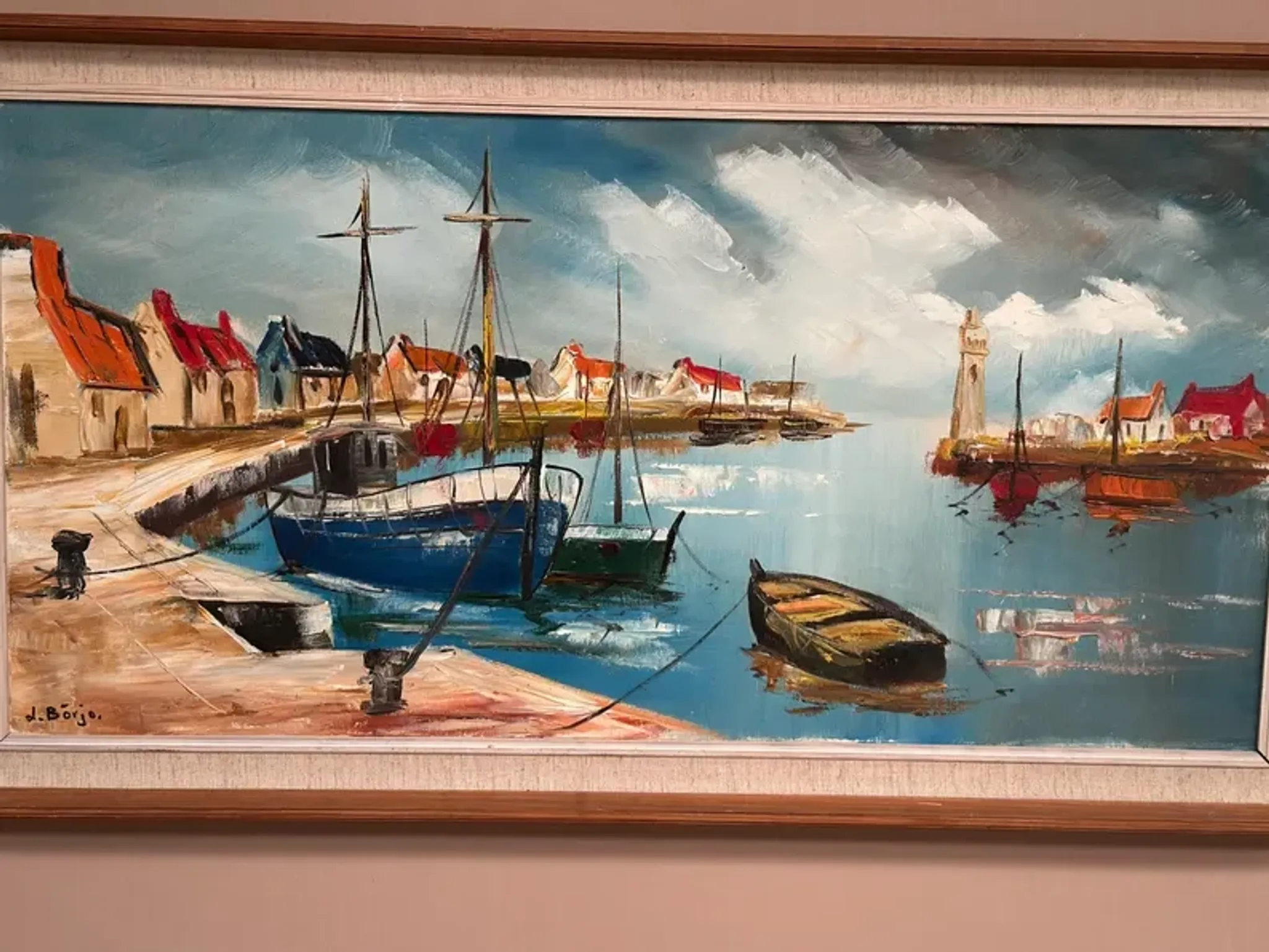 Original Swedish Oil on Canvas – “Boats” by Lennart Börje – Signed – Vintage & Framed 88.5 cm x 48.5 cm (34.8" × 19")