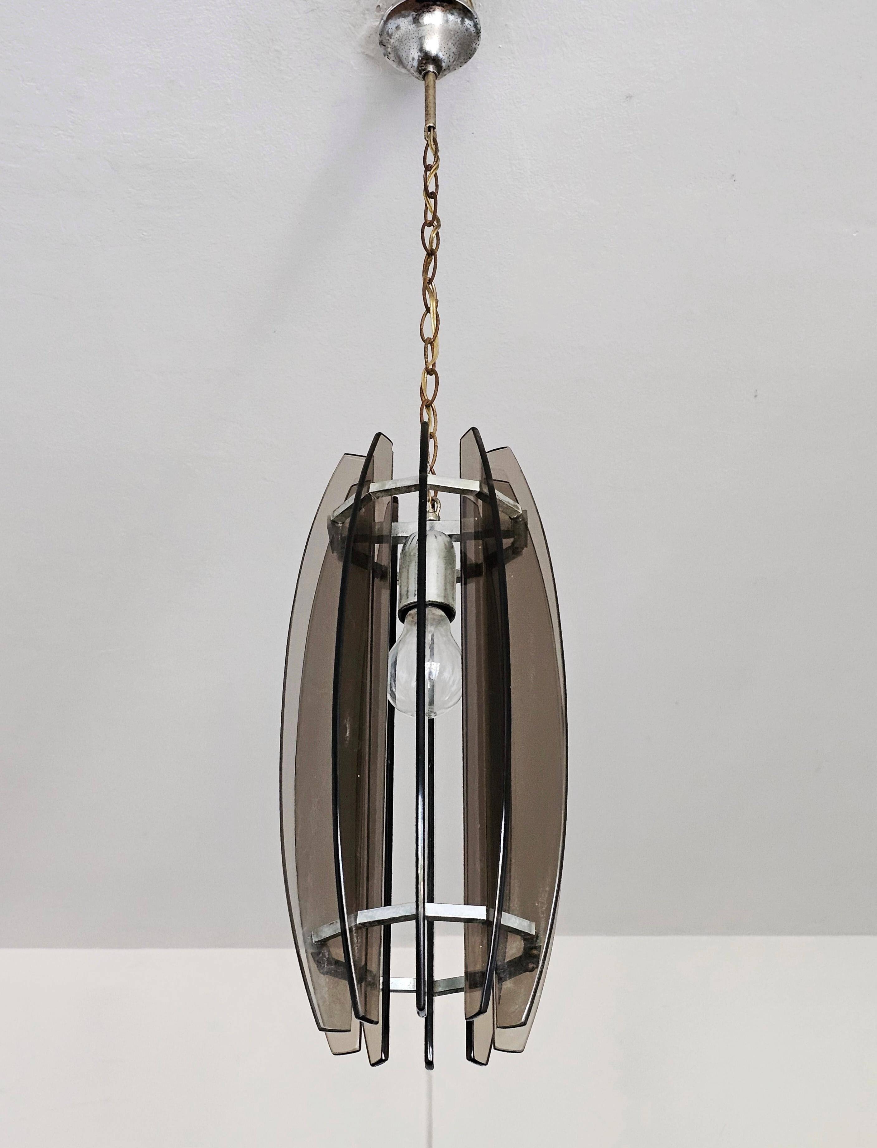 Glass chandelier, chrome and smoked glass in the Fontana Arte style from the 1970s.