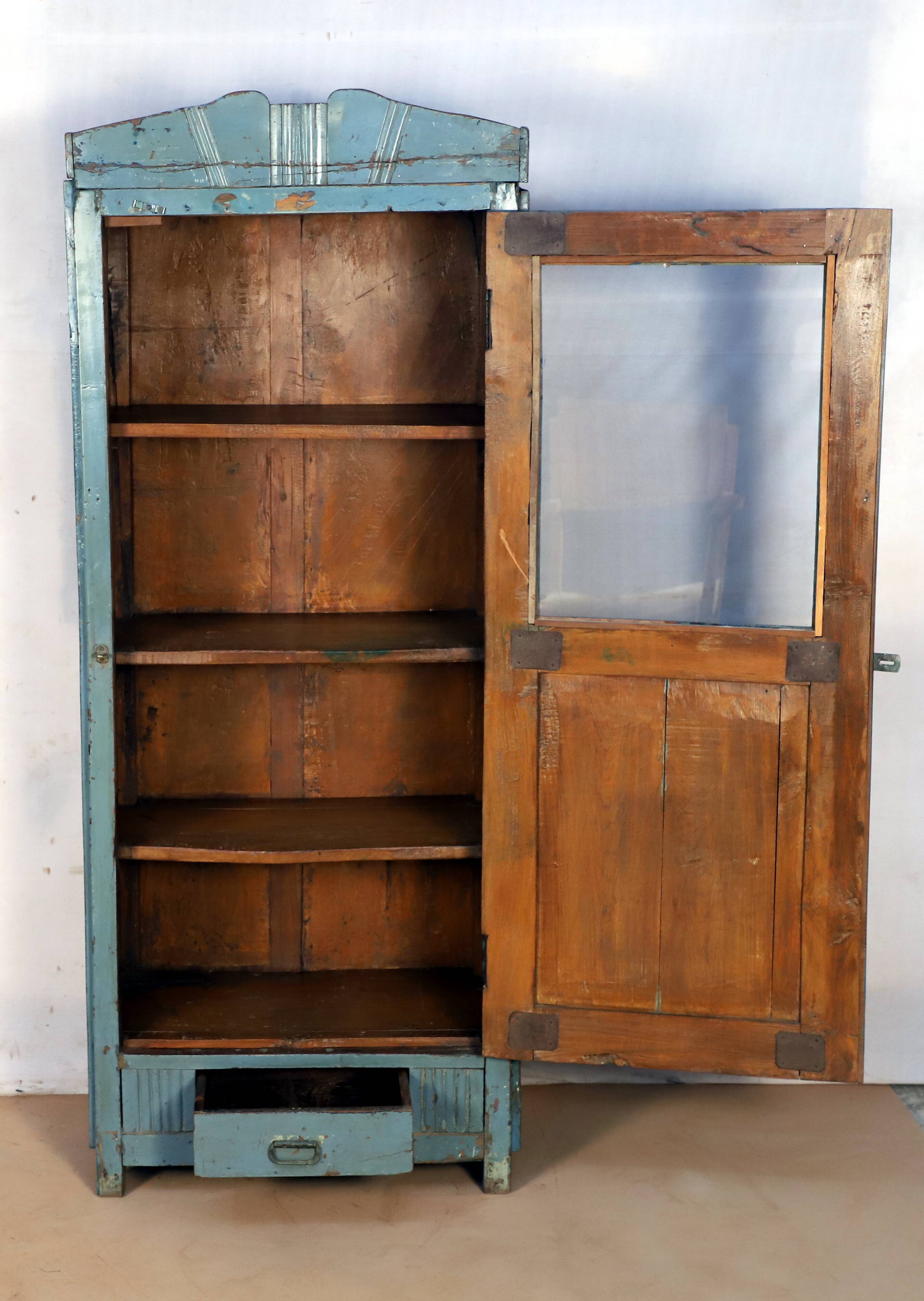 Burmese teak glass cabinet with original blue-gray patina