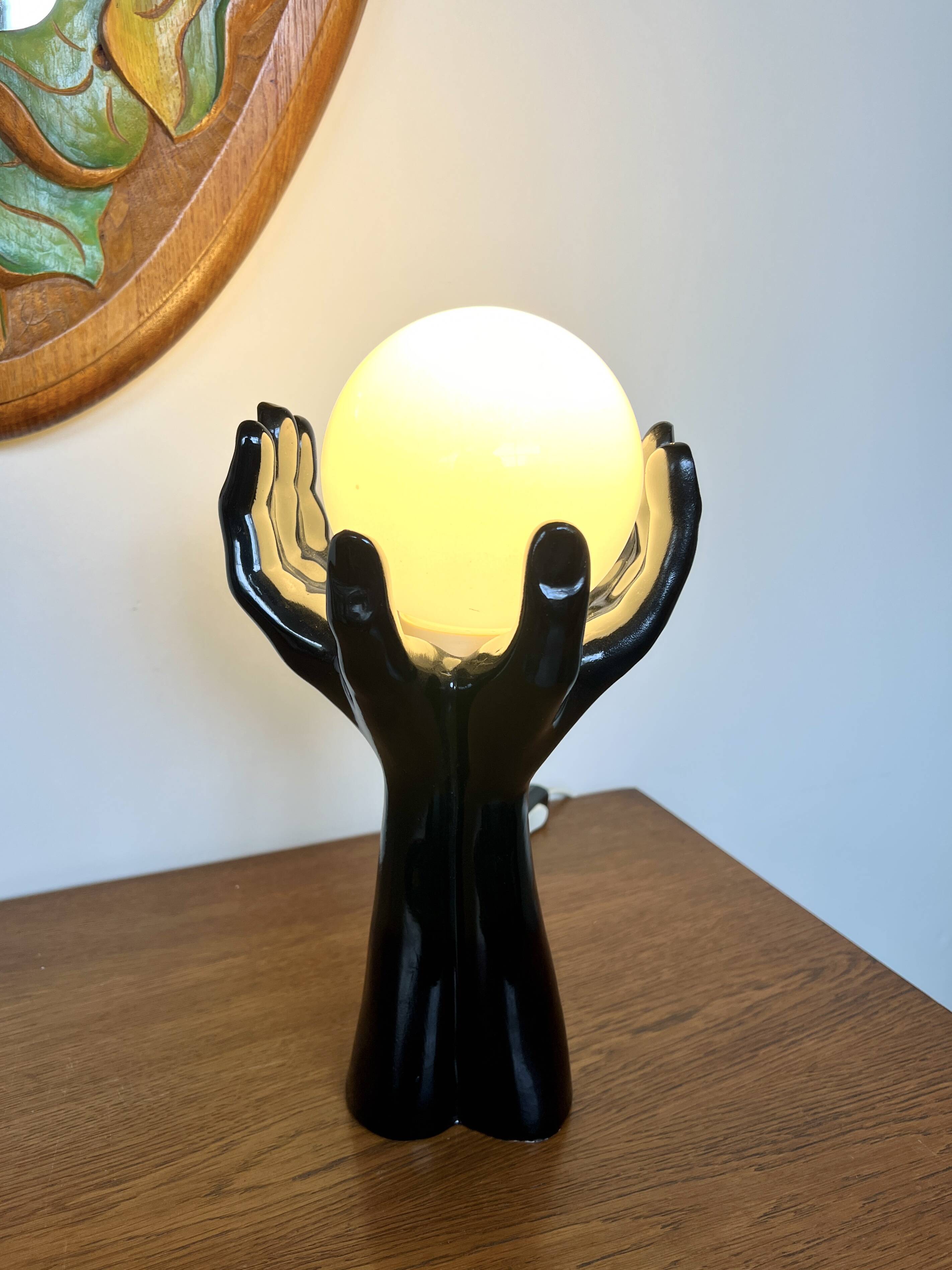 Black Ceramic Lamp with Hands & Opaline Globe – 70s Art Deco Style
