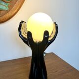 Black Ceramic Lamp with Hands & Opaline Globe – 70s Art Deco Style