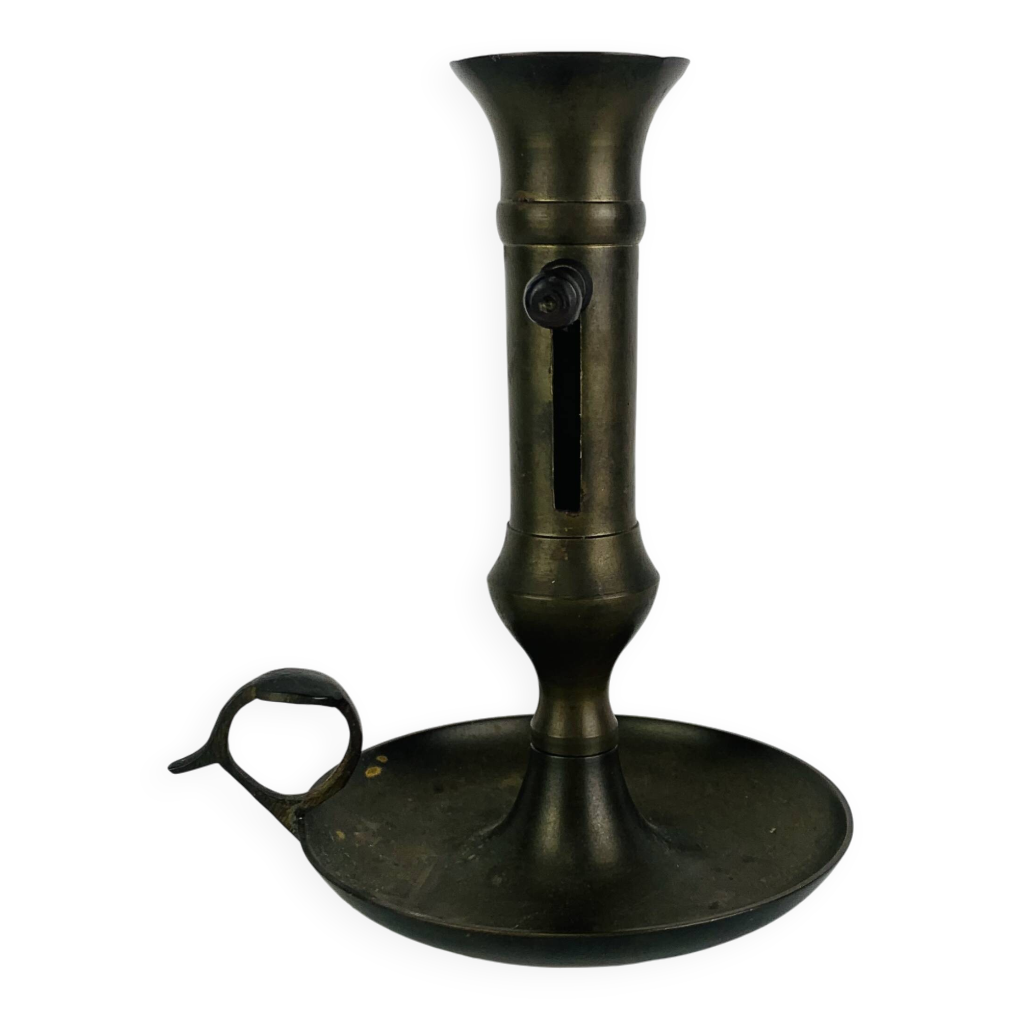 Vintage brass candlestick that raises and lowers.