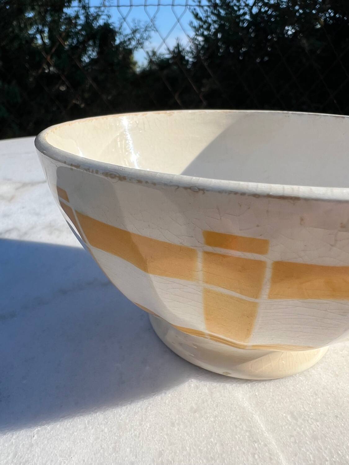 Vintage Earthenware Bowl with Yellow Tiles Pattern