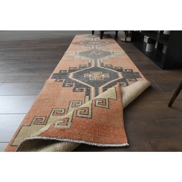 1970s Vintage Turkish Oushak Handmade Wool Cotton Orange Runner Rug 80X332