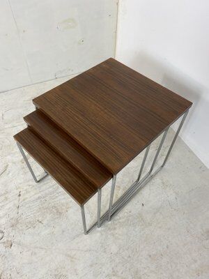Set of 3 side tables trundle in teak and steel 1960s