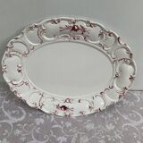 Large oval dish, cream ironstone with embossed patterns and burgundy color