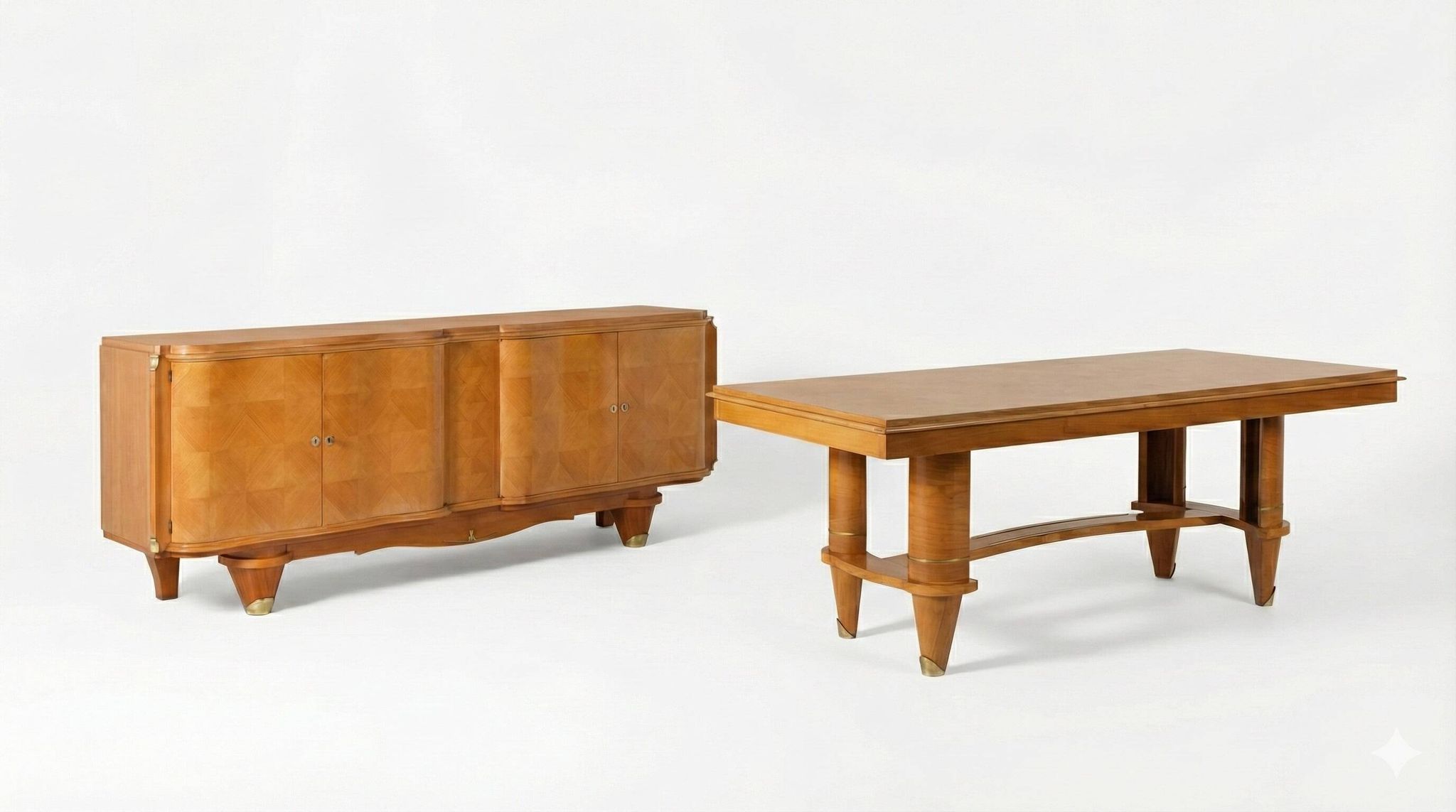 Dining room suite in sycamore, French Art Deco in the style of André Arbus, circa 1940.