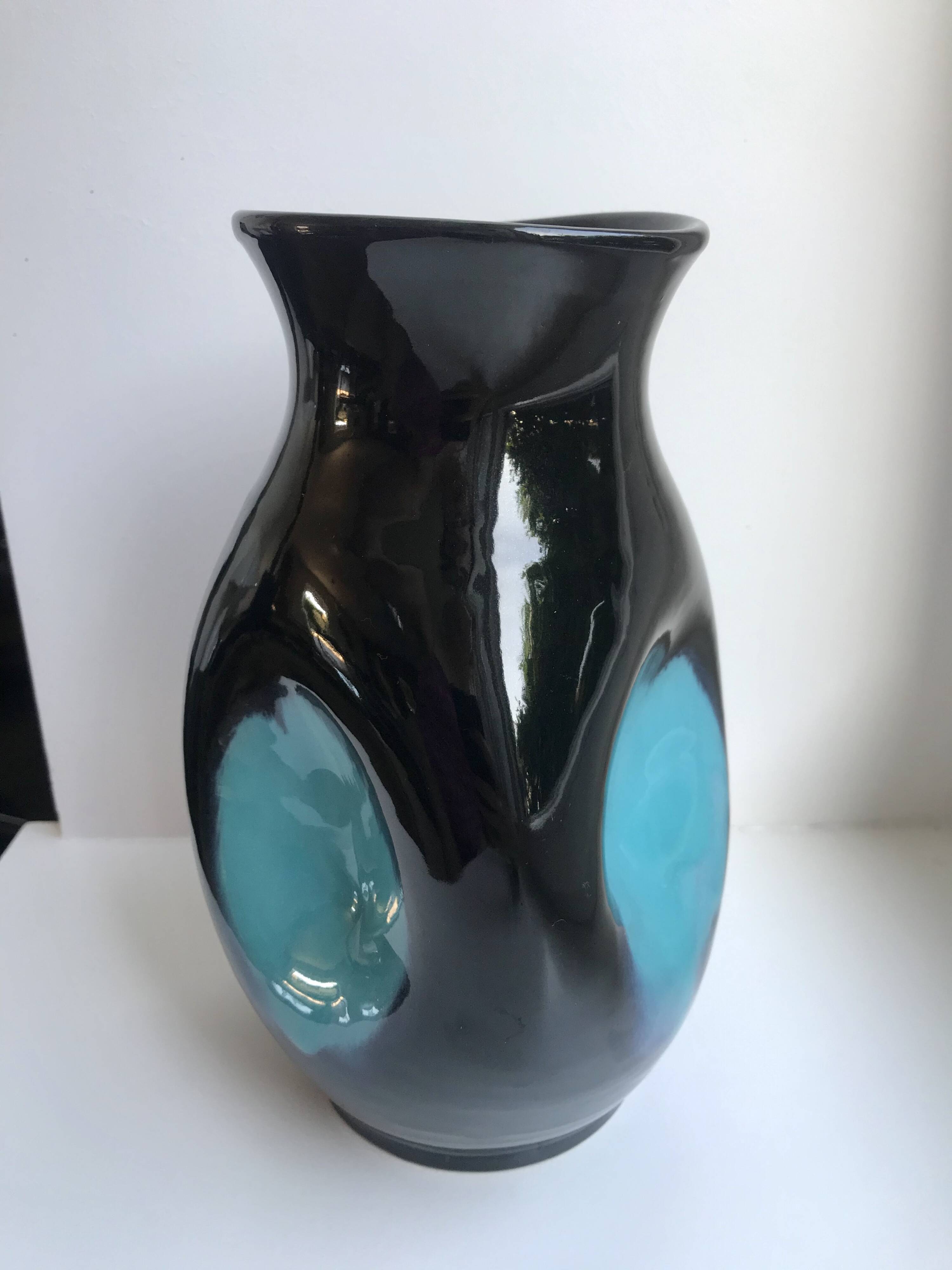 free-form design vase in black and blue ceramic from the 70s