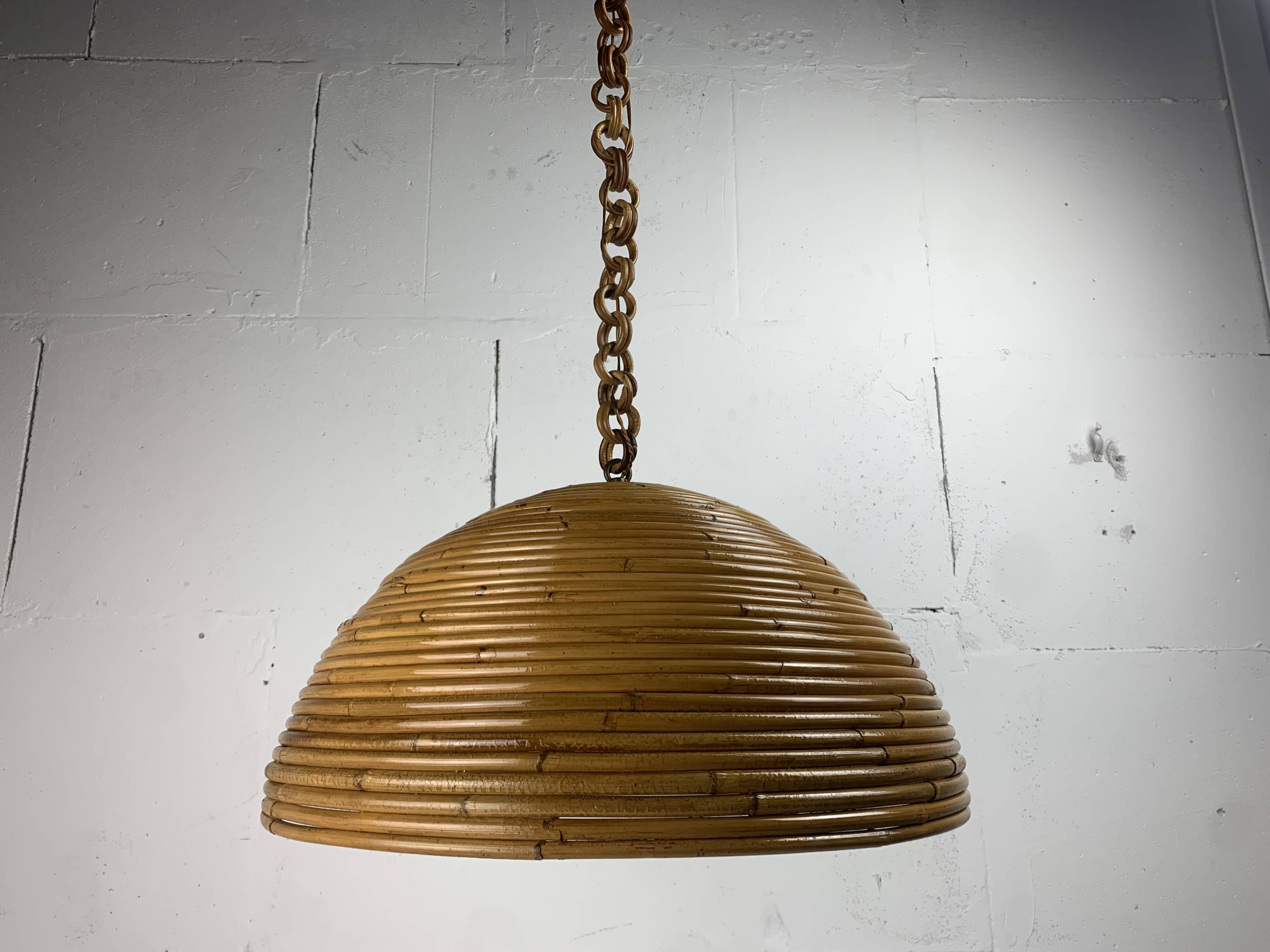 Midcentury pencil reed rattan bamboo pendant hanging lamp, Italy, 1970s