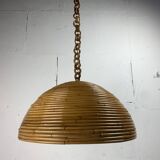 Midcentury pencil reed rattan bamboo pendant hanging lamp, Italy, 1970s
