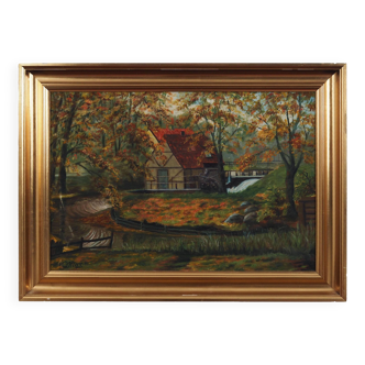 Painting „The Forest Mill”, Scandinavian design, 1970s, by C. May