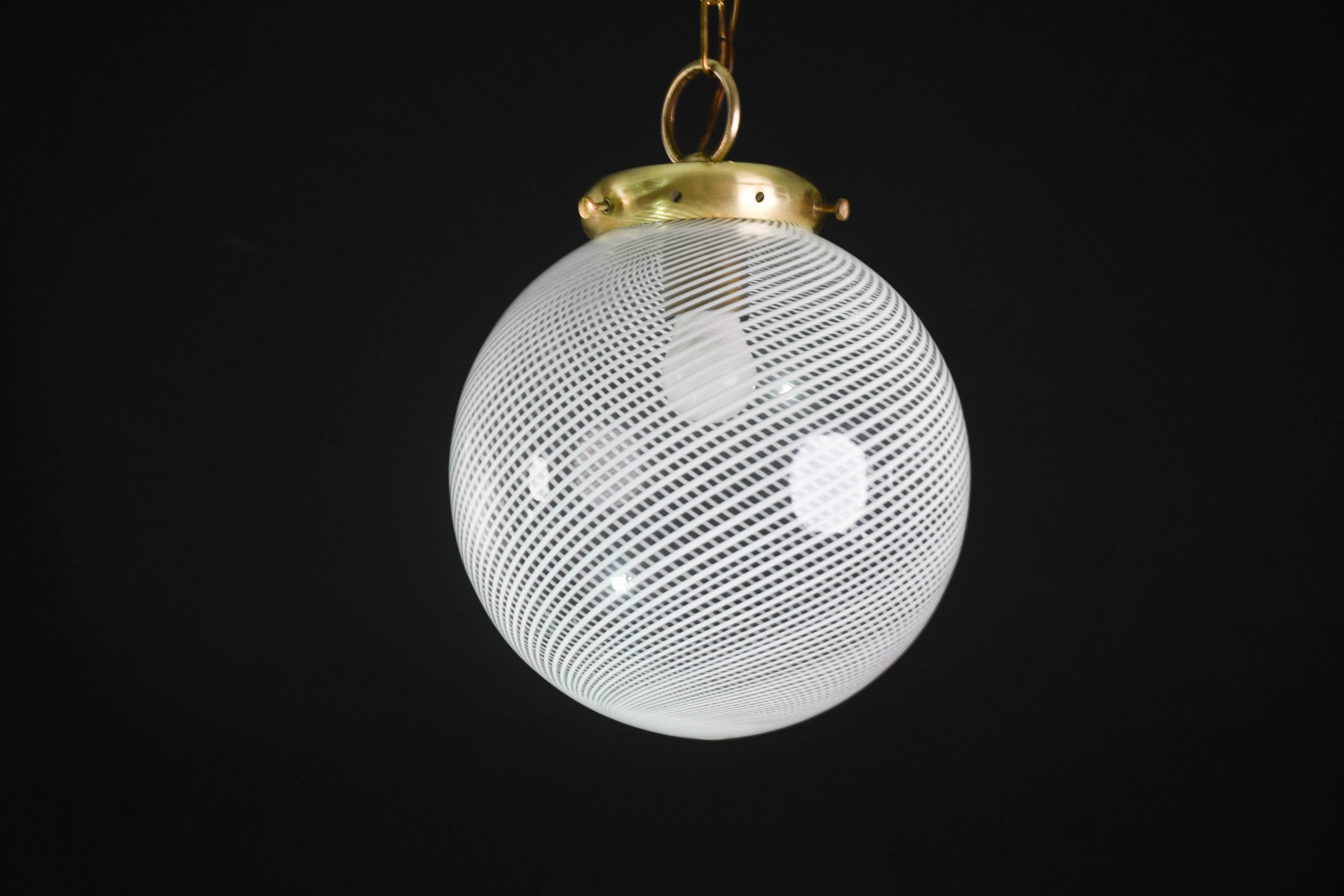 Italian Mid-Century Pendant Light with Optic Spiral Glass Globe and Restore Bras