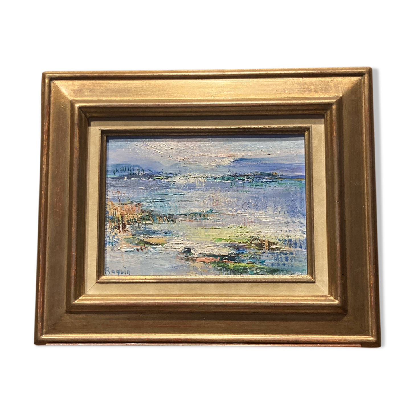 Oil on canvas framed by an abstract landscape