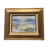 Oil on canvas framed by an abstract landscape