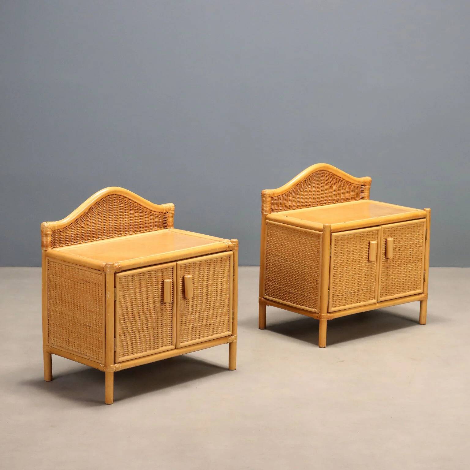 Pair of woven wicker bedside tables from the 1980s.