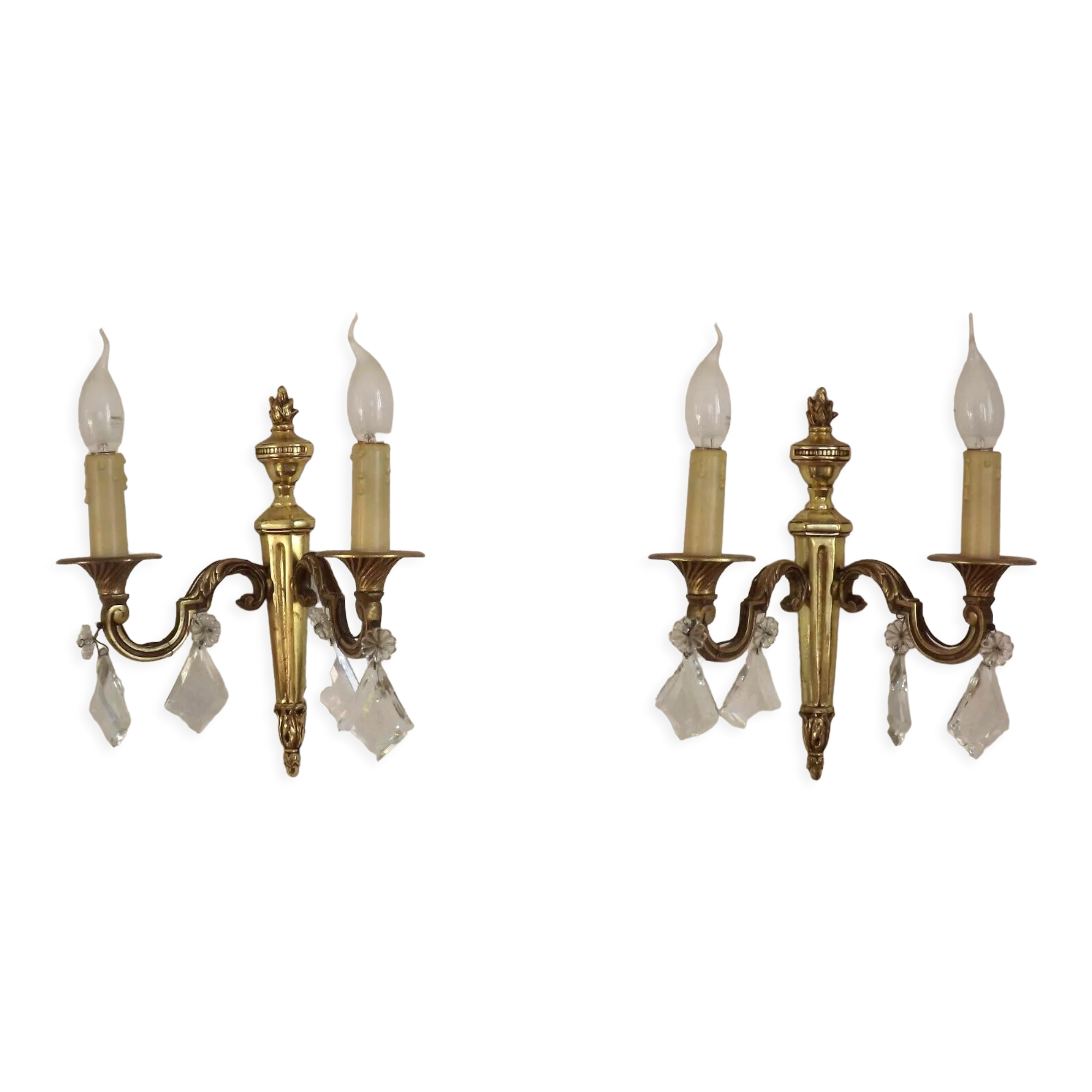 French Pair of Double Empire Brass Wall Sconces with Diamond Crystal Drops