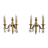Paire française d'appliques murales double empire laiton avec gouttes de cristal diamant
