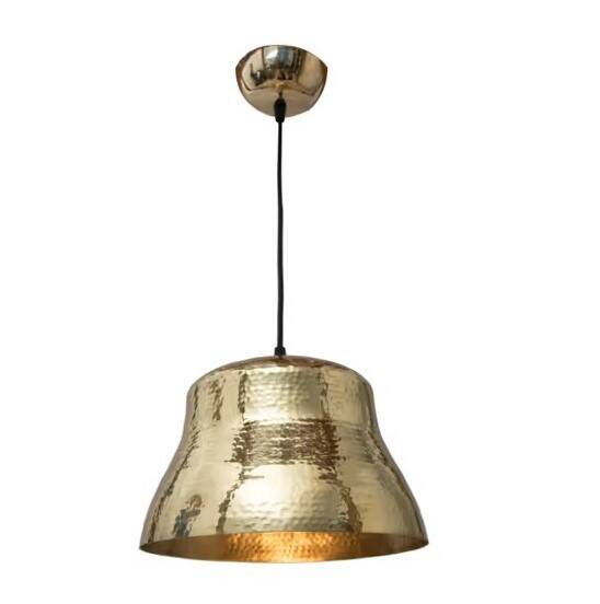 Industrial pendant lamp in the shape of a hammered copper bell.