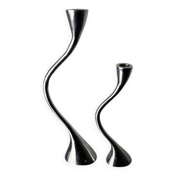 Pair of zigzag candlesticks, solid aluminium, Spain, 1980s