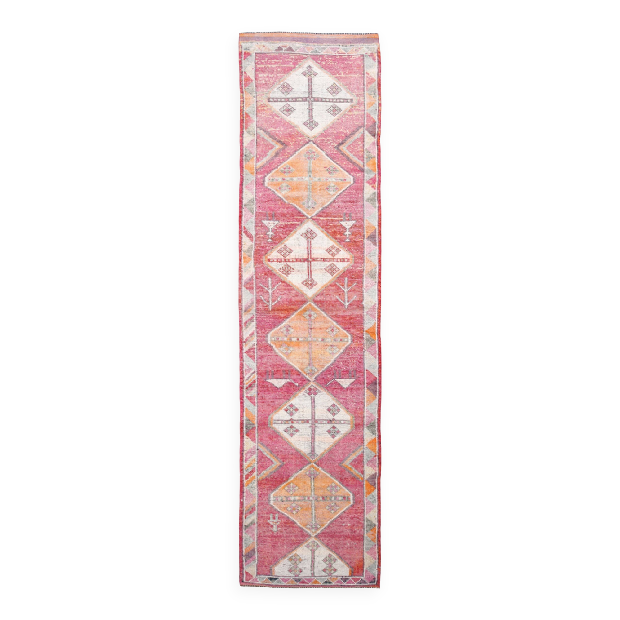 Tapis de couloir en laine rose fuchsia 3x12, style bohème rustique, 90x370 cm