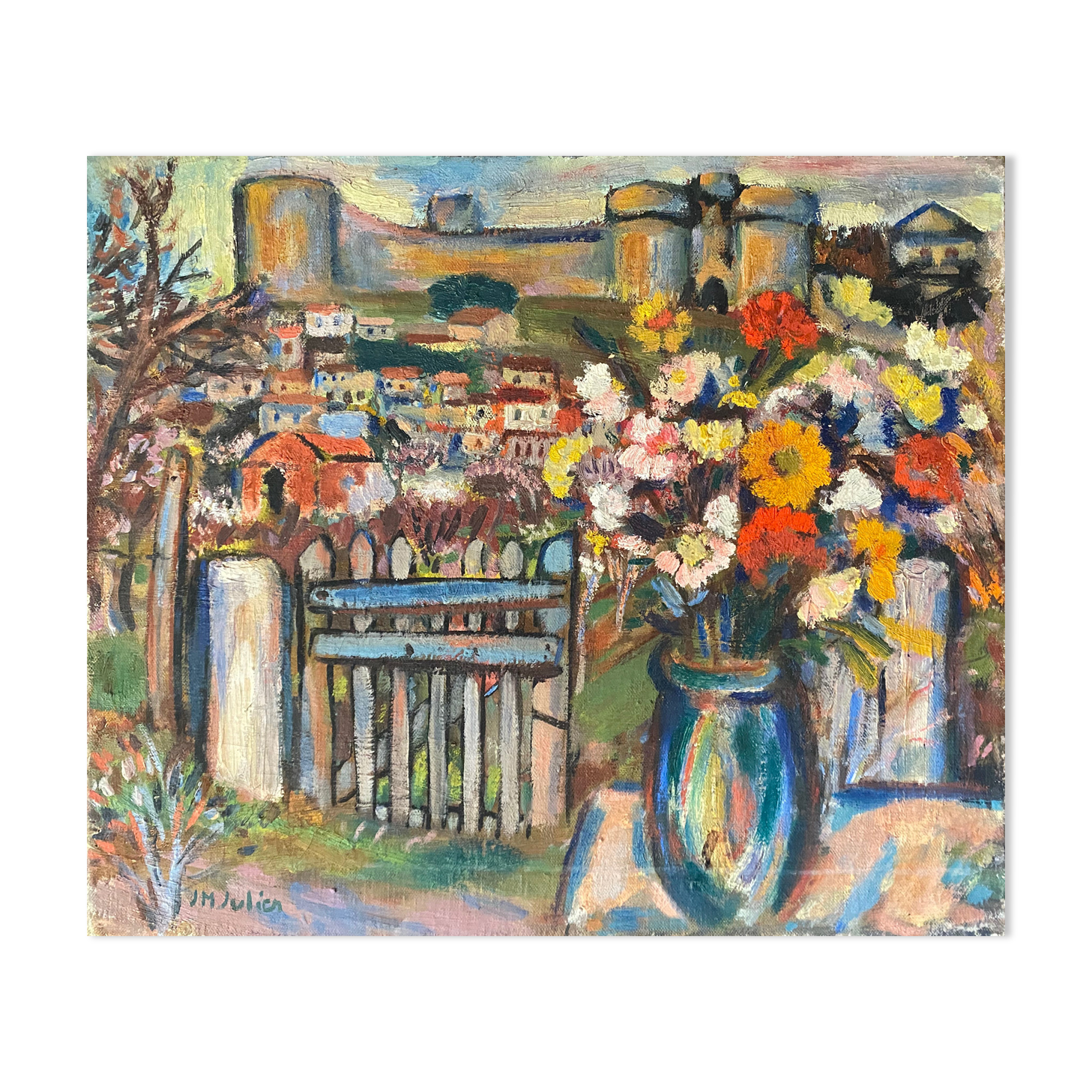 Painting HST "Floral composition with fortifications" J.M. Julien, early XX°