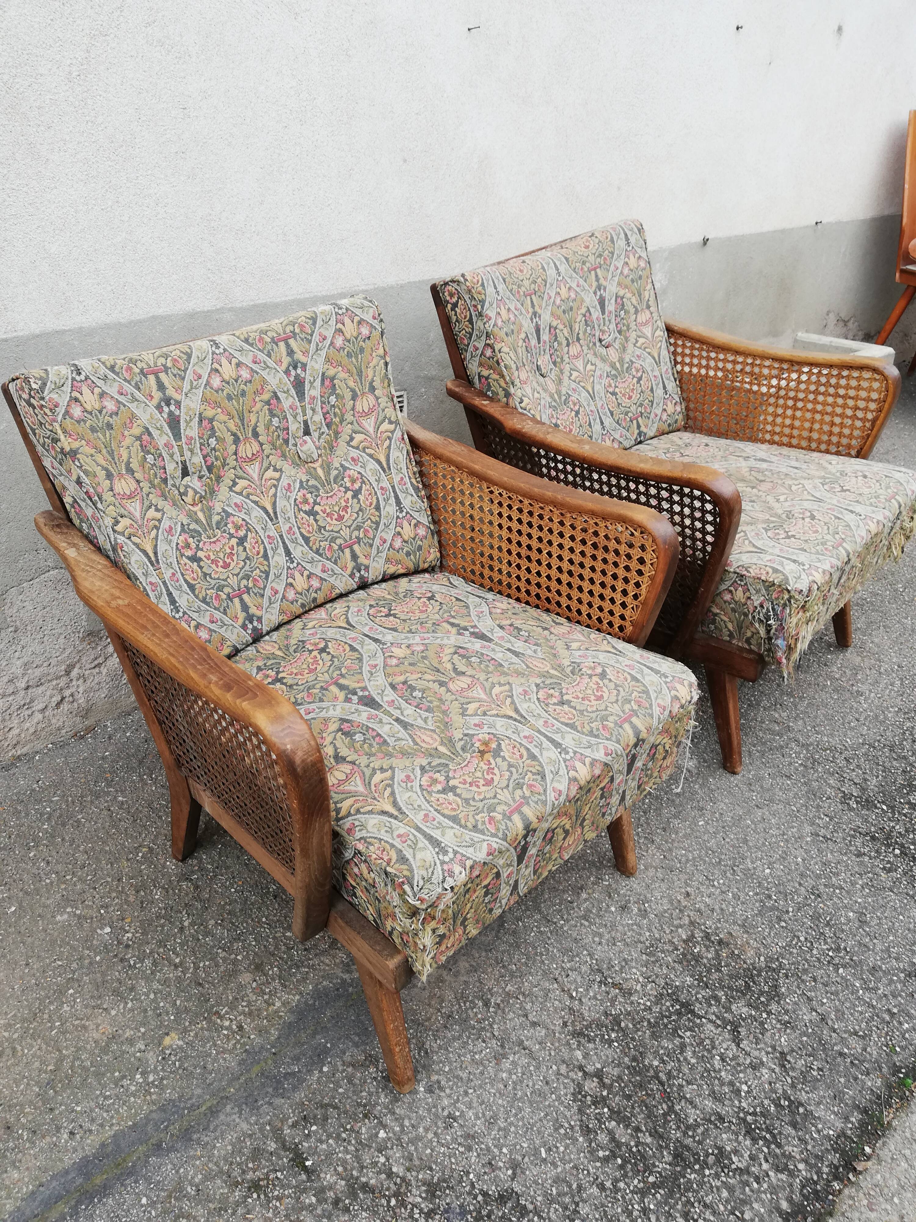 Paire de fauteuils vintage pieds compas et cannage