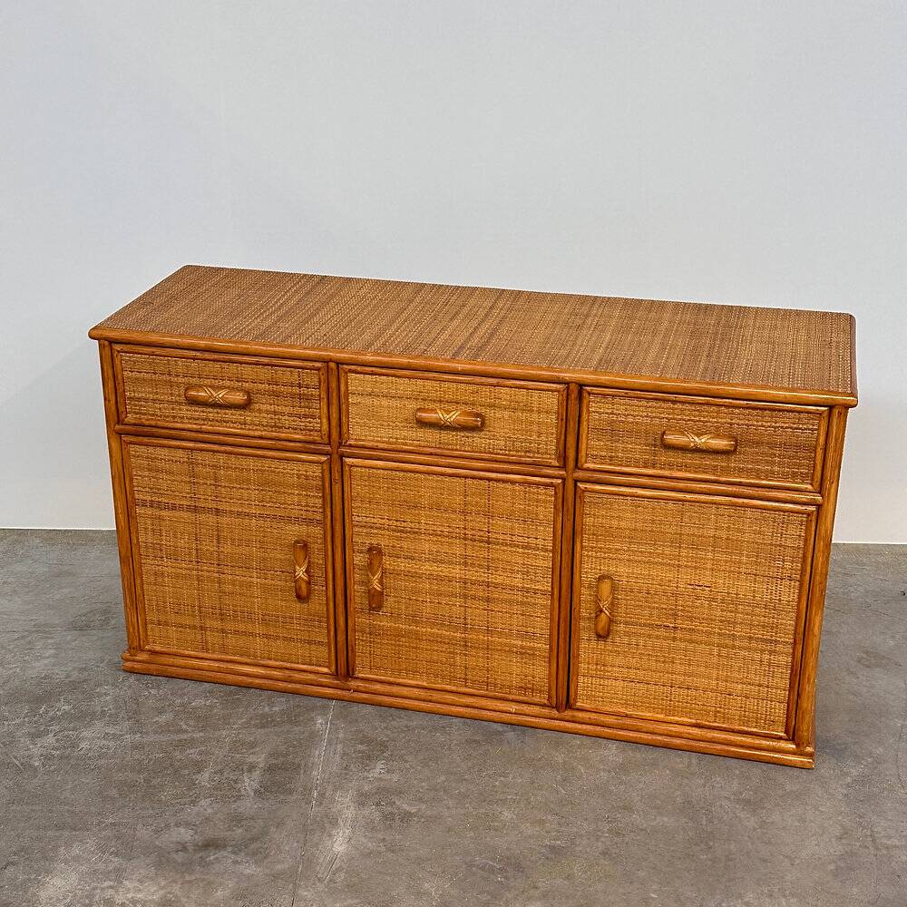 Vintage rattan & bamboo sideboard / credenza, 1970s