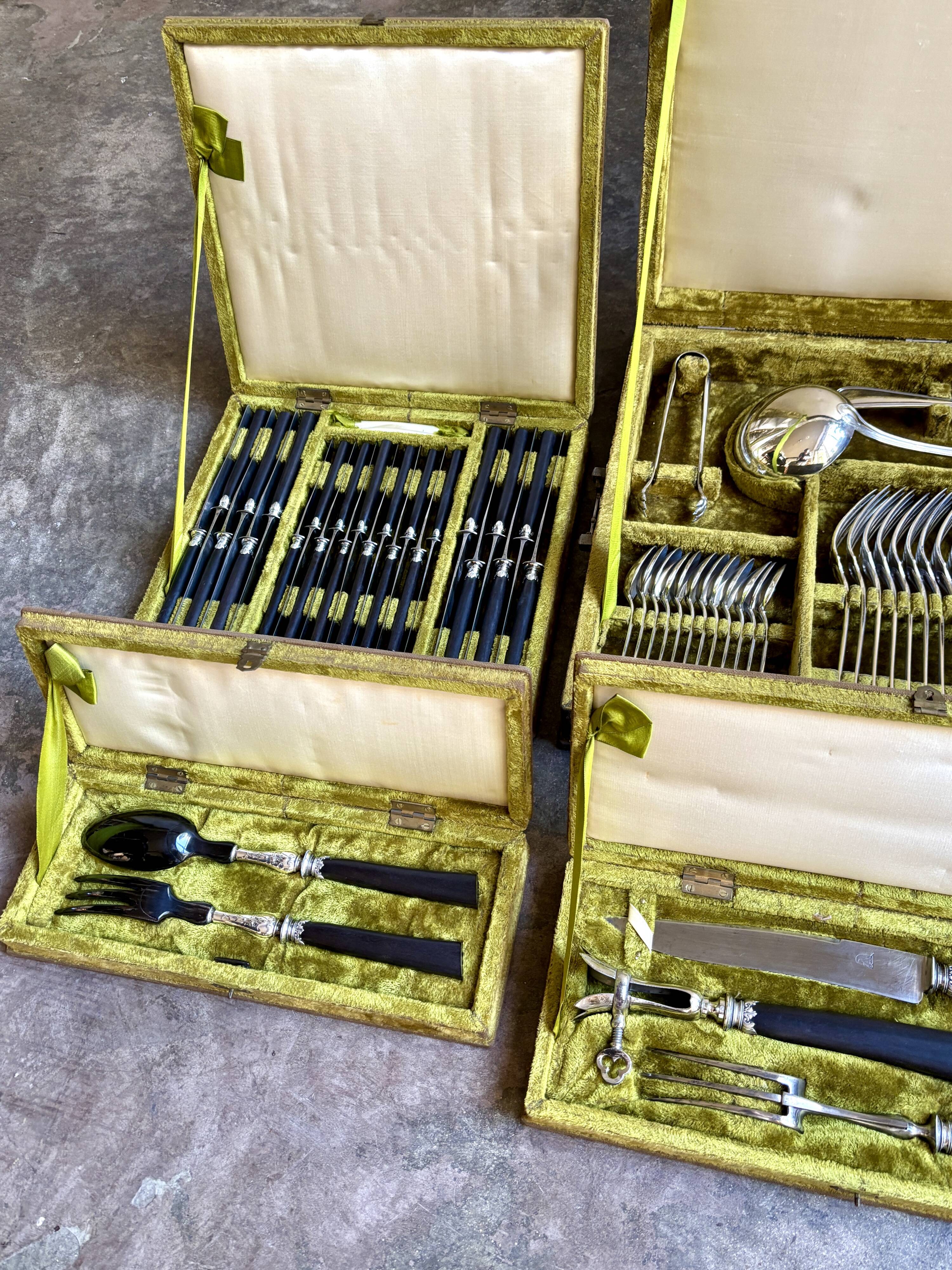 68-piece silver-plated and black ebony cutlery set with 4 velvet cases