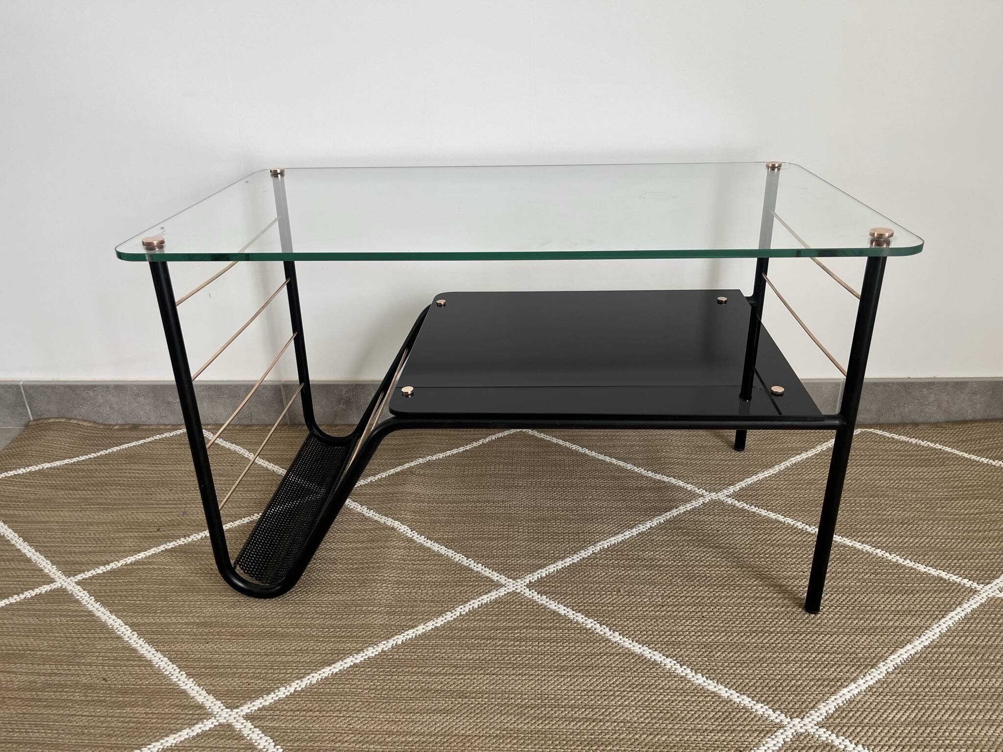 Roche Bobois metal and glass coffee table with magazine rack from the 50s