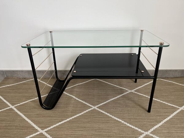 Table basse métal et verre avec porte revue Roche Bobois des années 50'