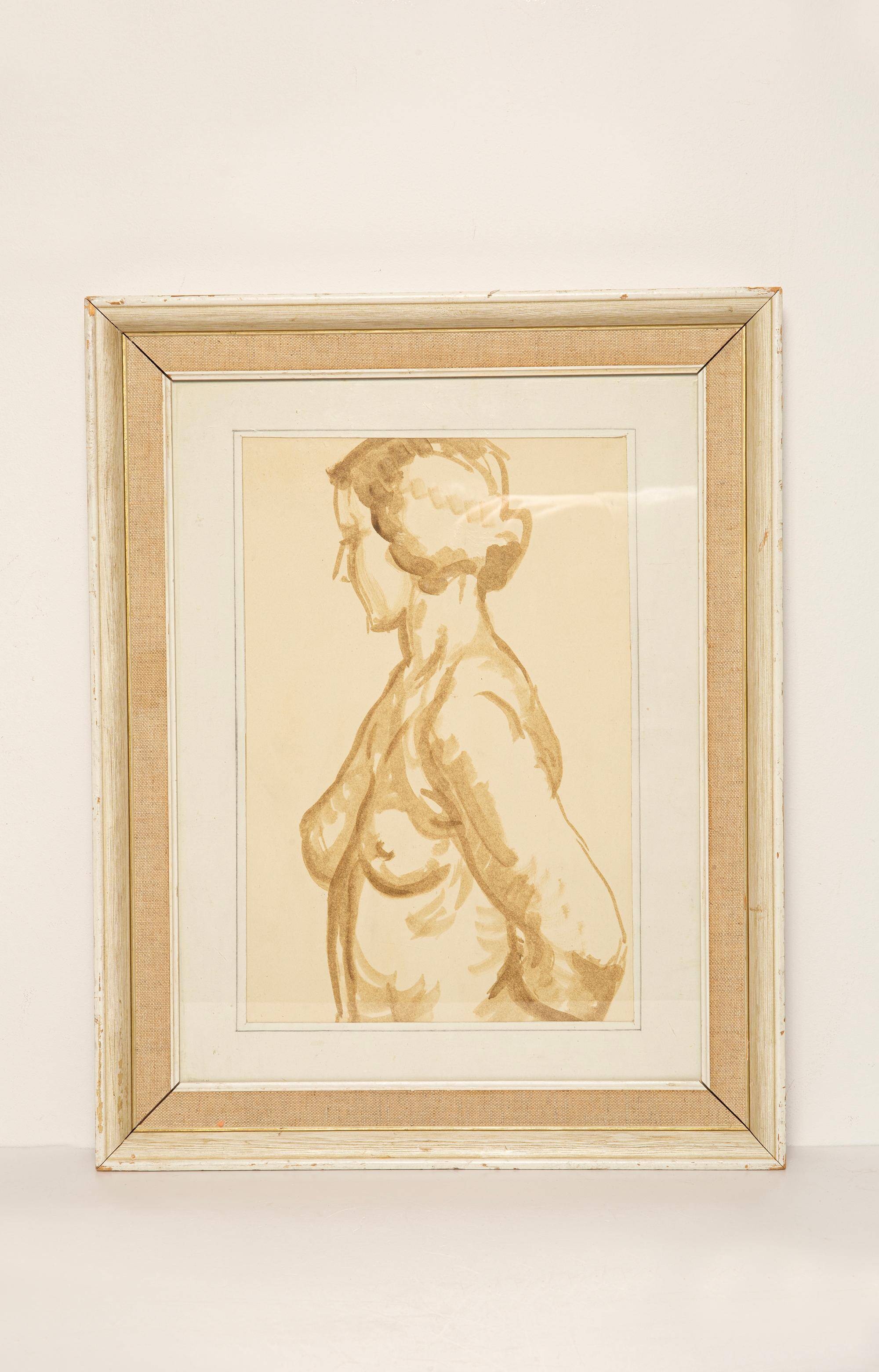 Classic female painting from the mid-century, wooden frame and linen, 1930s.
