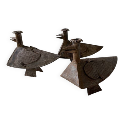 Série de trois bougeoirs oiseaux brutalistes Folk Art