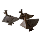 Série de trois bougeoirs oiseaux brutalistes Folk Art