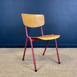 Set of 4 light wood school chairs with fuchsia legs, Netherlands, 1970s