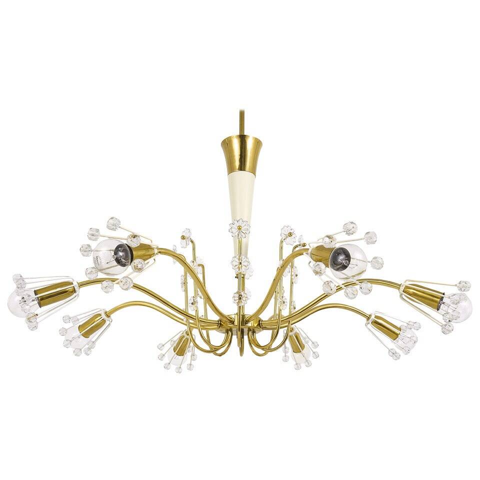 Unusual brass and crystal chandelier by Emil Stejnar, Rupert Nikoll, Austria, 1950s.