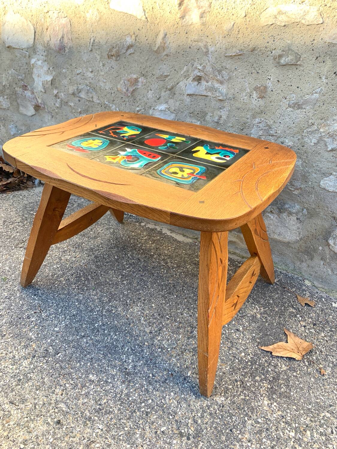 1950s coffee table in oak and ceramic tiles