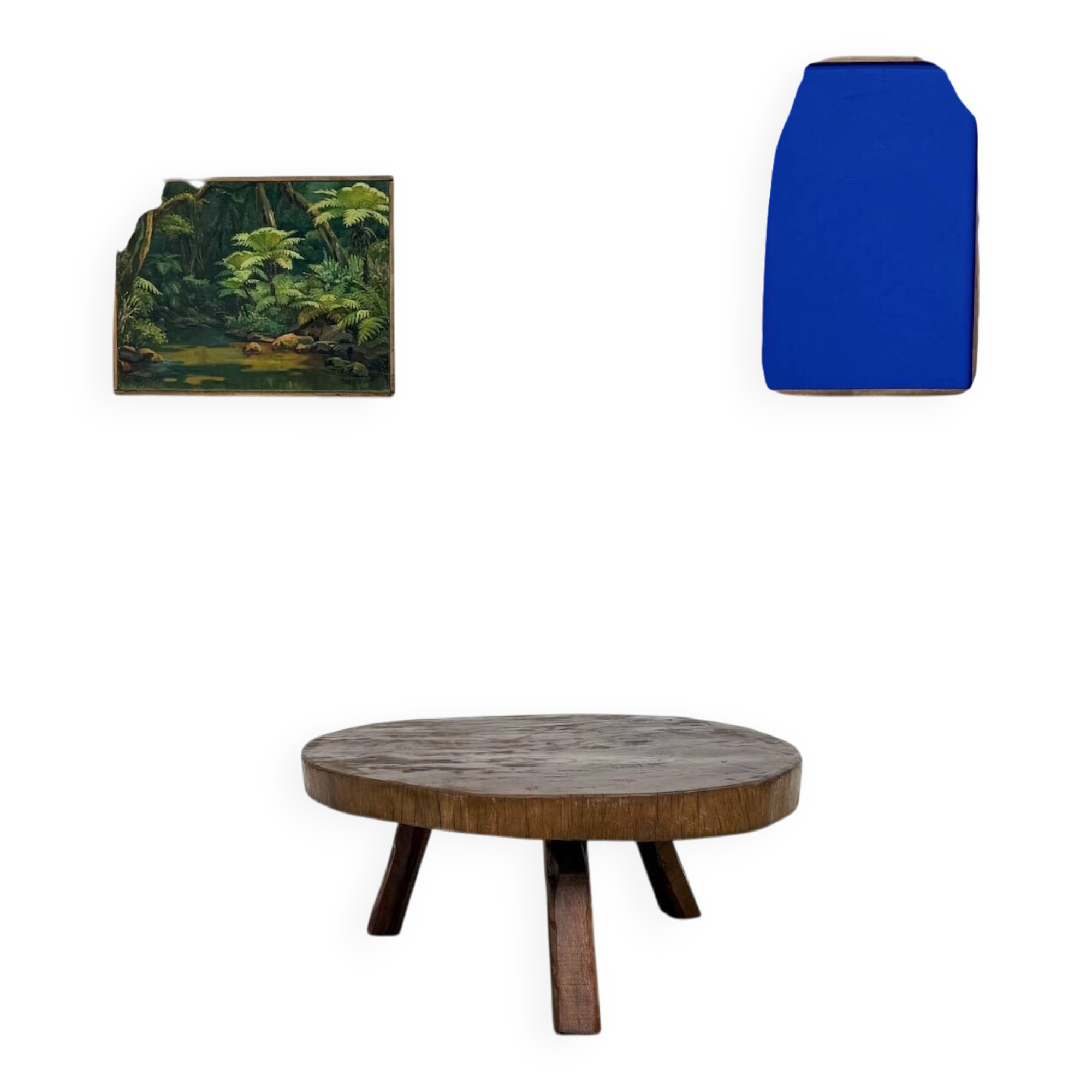 Brutalist coffee table in solid teak, monolithic slab, tripod base.