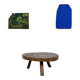 Brutalist coffee table in solid teak, monolithic slab, tripod base.