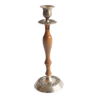 Carved wood and metal candle holder