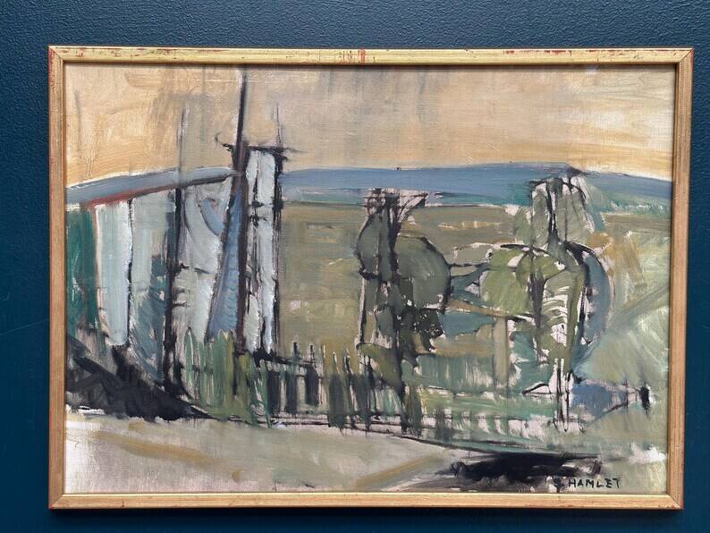 Original Swedish Oil on Canvas – “Abstract Landscape” by S. Hamlet – Dated 1960 – Vintage and Framed – 66 × 48 cm (26" × 18.9")
