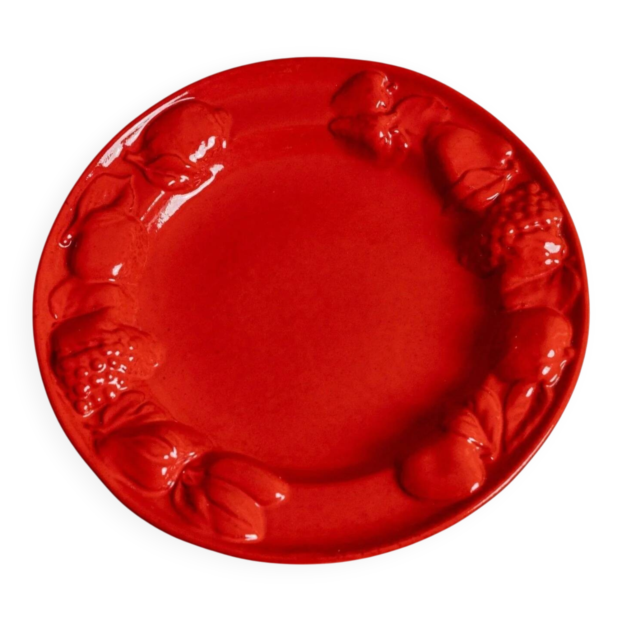 Red glazed ceramic fruit platter with three-dimensional fruit relief, vintage Italy 1980s, Mid-Century design