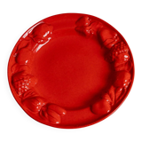 Red glazed ceramic fruit platter with three-dimensional fruit relief, vintage Italy 1980s, Mid-Century design