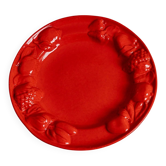 Plateau en céramique émaillée rouge avec relief de fruits en trois dimensions, vintage Italie années 1980, design Mid-Century