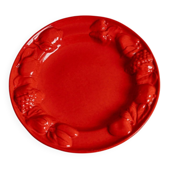 Red glazed ceramic fruit platter with three-dimensional fruit relief, vintage Italy 1980s, Mid-Century design