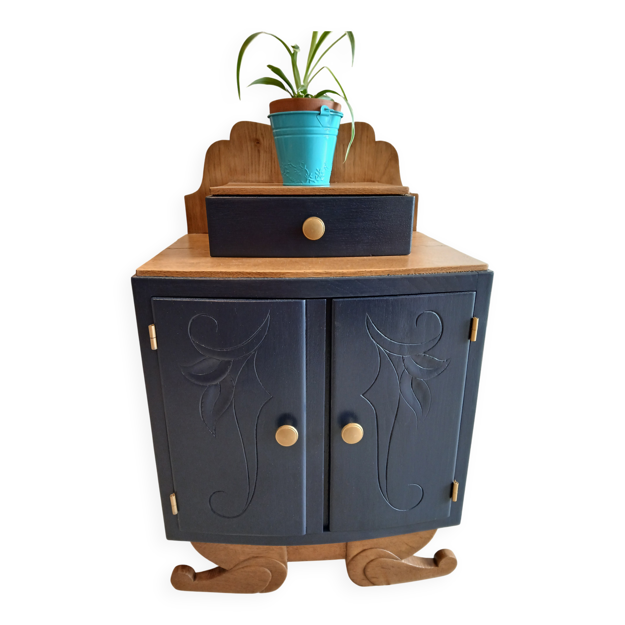 deep blue and wood refurbished bedside table