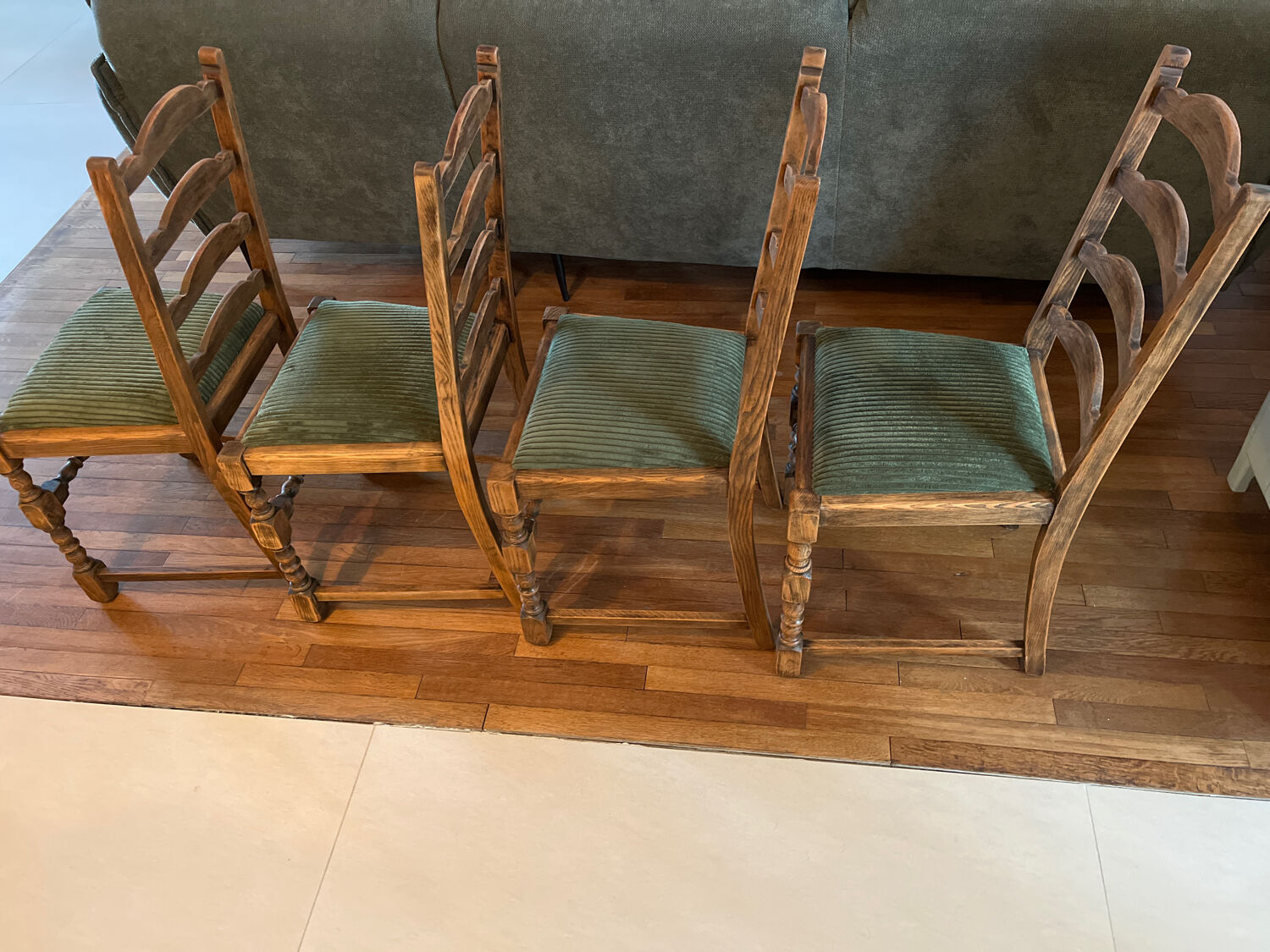 4 antique chairs with green velvet upholstery